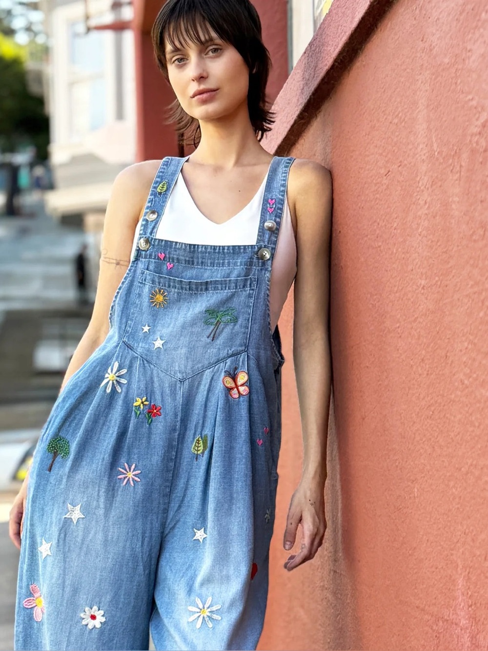 Billy T Oooh La La Embroidered Wide Leg Denim Overalls S - Picture 4 of 10